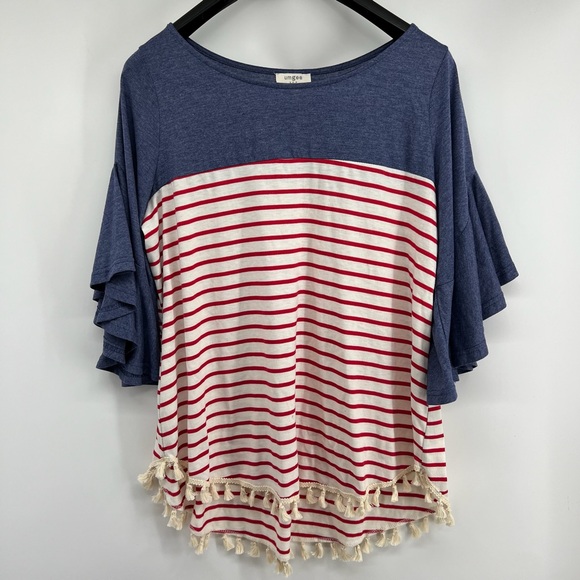 Umgee Sz Large Red White Blue Striped Shirt Pom Pom Tassel - Picture 2 of 8